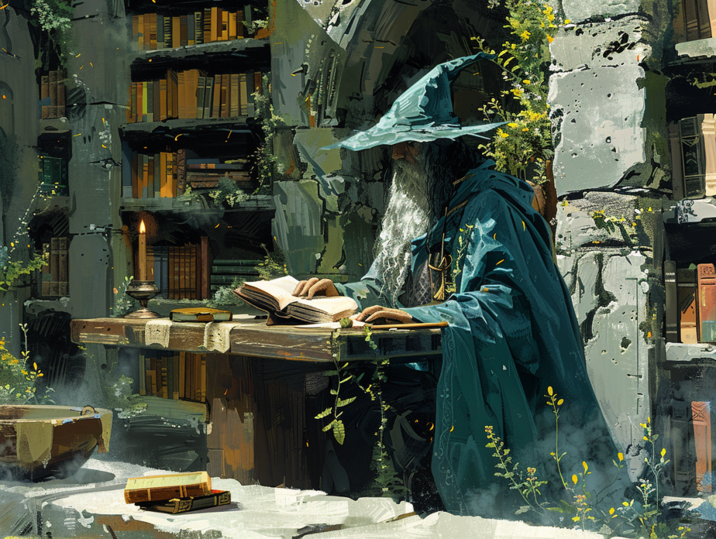 A wizard at a tall table in an ancient and decrepit stone library. Probably not much like a modern fantasy convention, but we can dream, can't we?