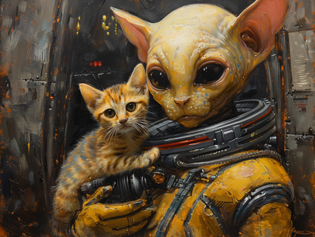 A hairless humanoid cat-alien holds a furry kitten onboard his space ship. I have no doubt now that this is exactly where cats come from.