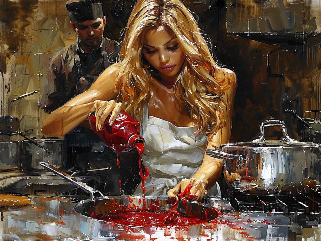 A very attractive blonde woman dumps ketchup into a cooking pot of chili like a goddamn heathen. This is the kind of thing you want to know about a person BEFORE you marry them.