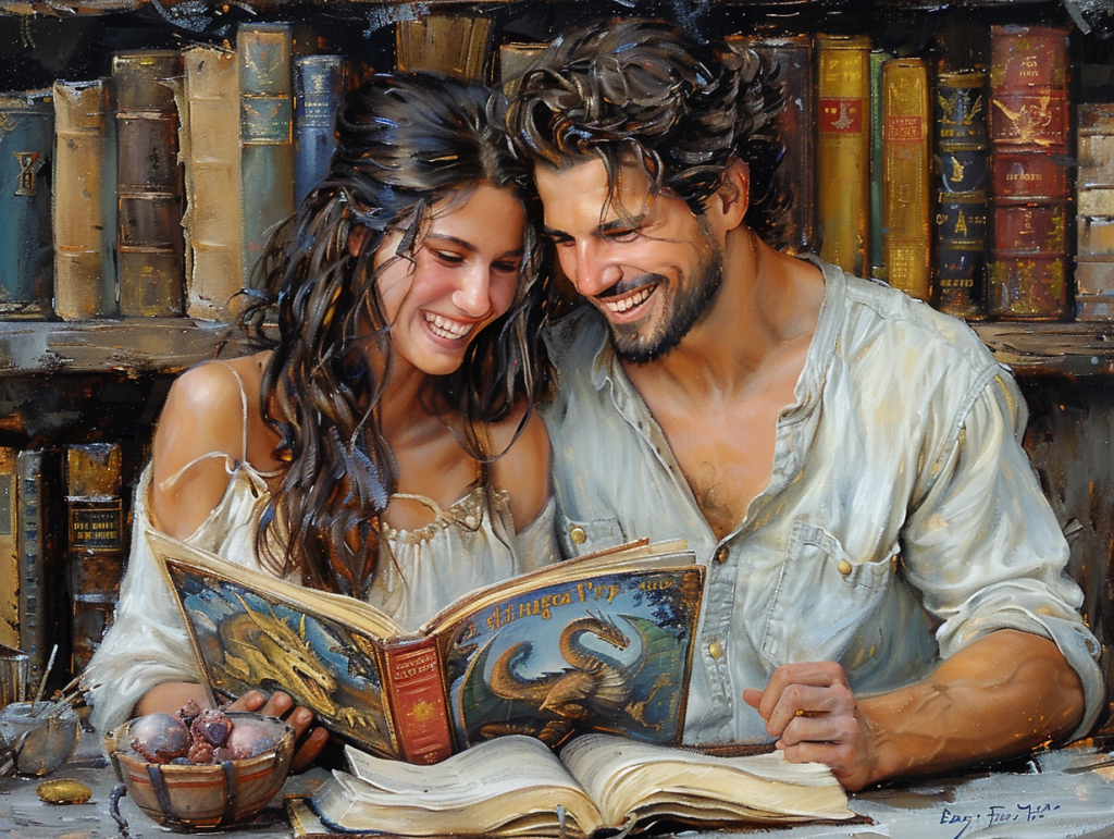 A pair of beautiful young people laugh as they read a fantasy novel. They're so cool.