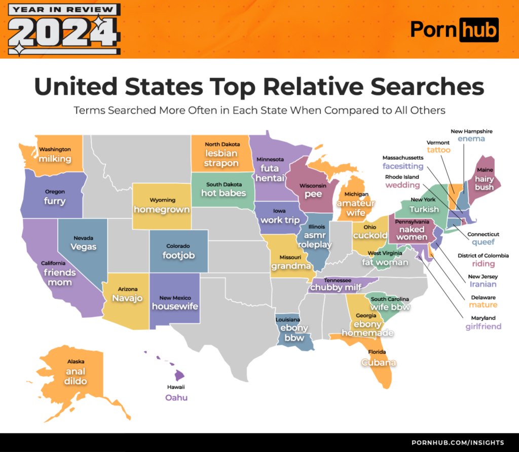 A map of the United States, divided by state, showing the most popular search terms for each on Pornhub, a VERY popular pornographic website.