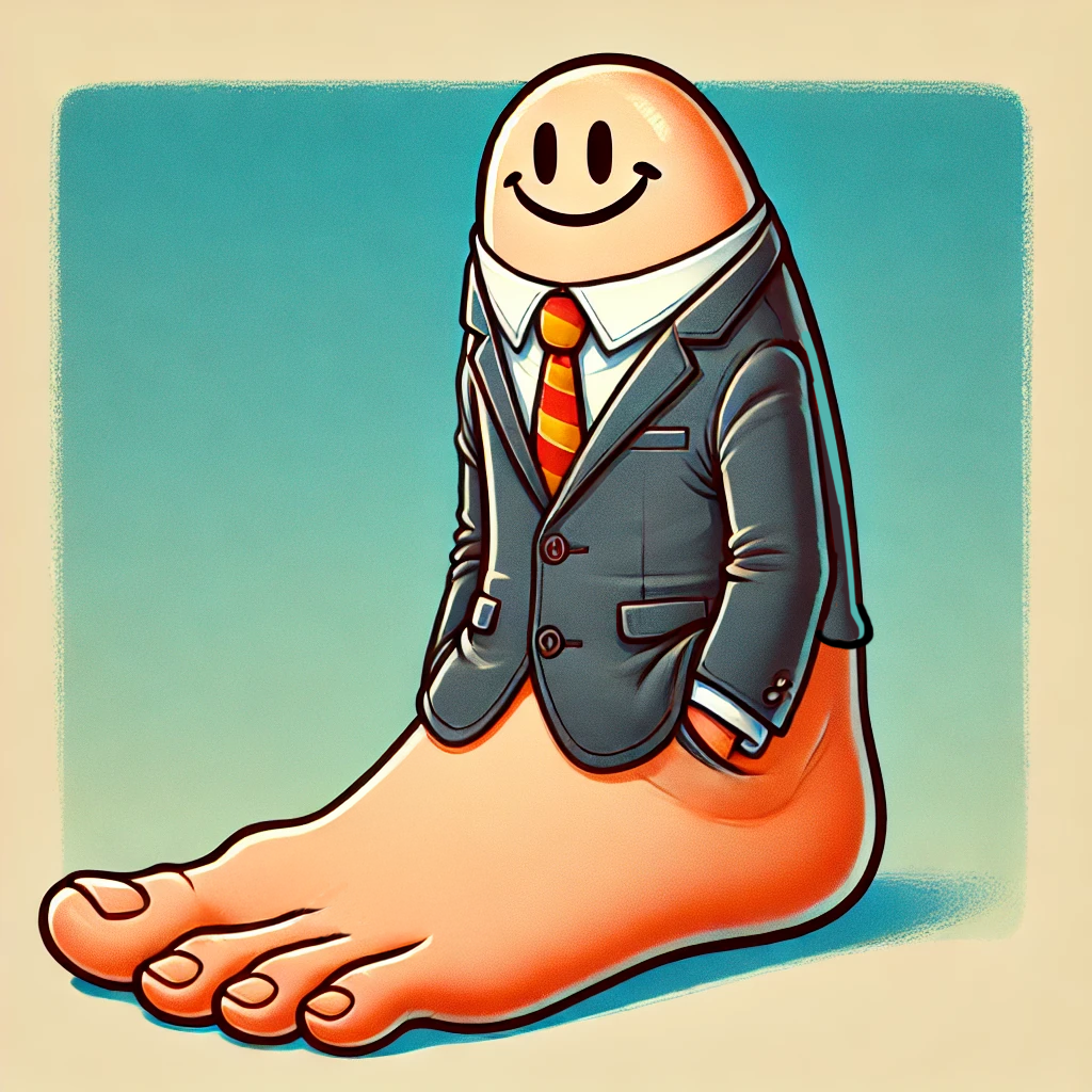 A cartoon of a smiling foot wearing a business suit, but no actual shoe. Honestly this is a little hard to describe, and more than a little creepy, but you've got the main ideas.