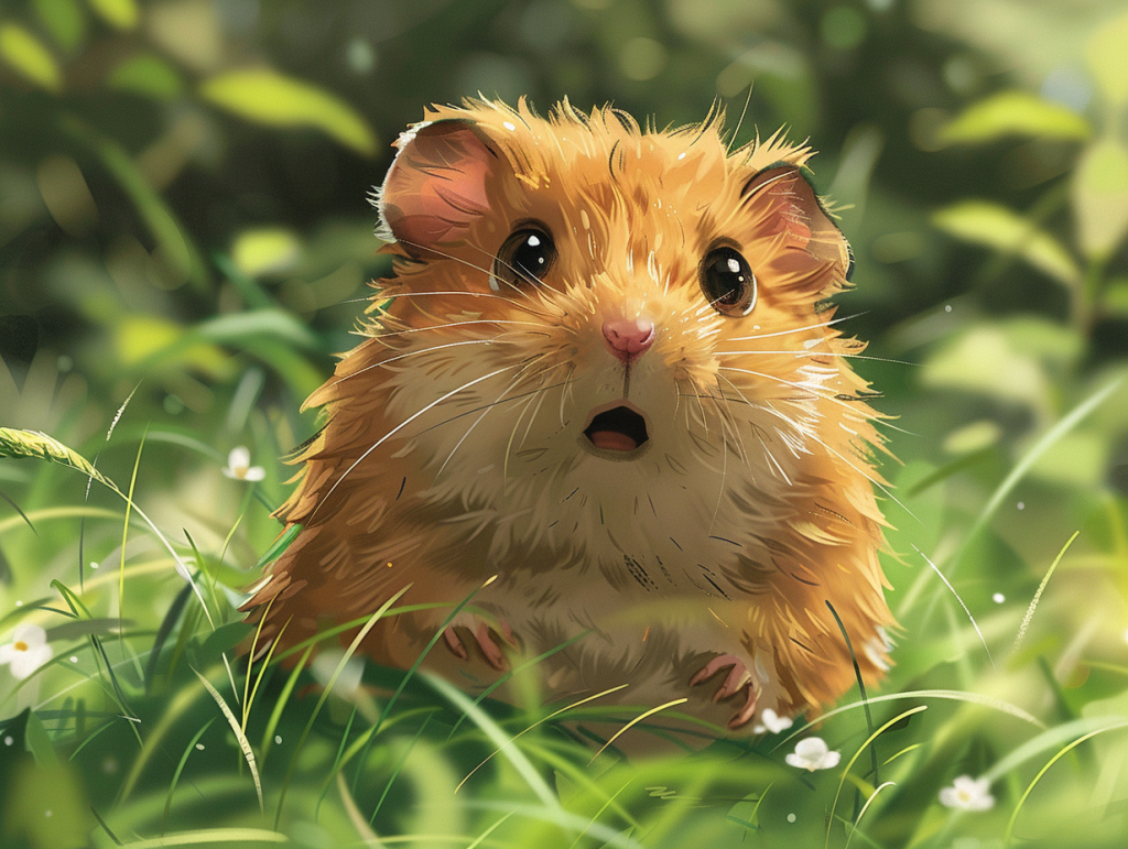 A cute long-haired hamster with his jaw dropped open in surprise, in a grassy field.