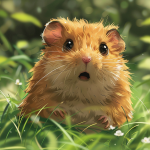 A cute long-haired hamster with his jaw dropped open in surprise, in a grassy field.